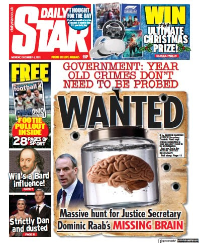 Daily Star (UK) Newspaper Front Page for 6 December 2021