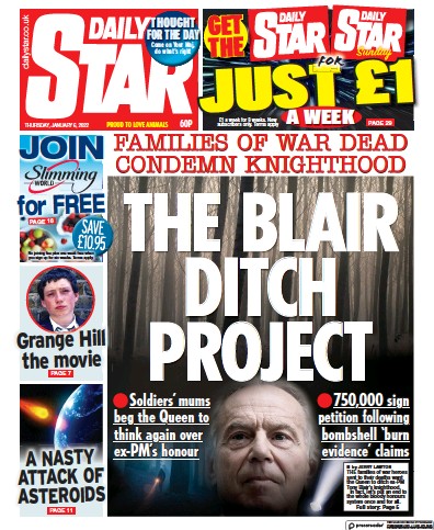 Daily Star (UK) Newspaper Front Page for 6 January 2022