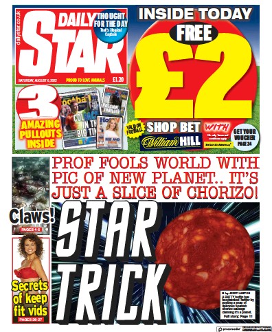 Daily Star (UK) Newspaper Front Page for 6 August 2022