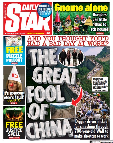 Daily Star (UK) Newspaper Front Page for 6 September 2023