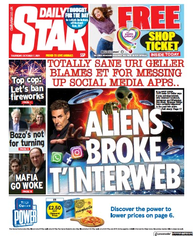 Daily Star (UK) Newspaper Front Page for 7 October 2021