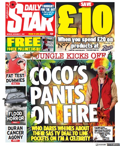 Daily Star (UK) Newspaper Front Page for 7 November 2022