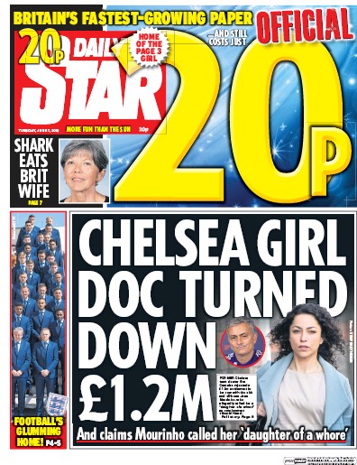 Daily Star (UK) Newspaper Front Page for 7 June 2016