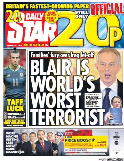 Daily Star (UK) Newspaper Front Page for 7 July 2016