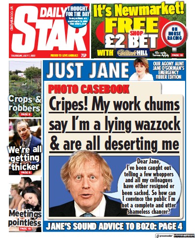 Daily Star (UK) Newspaper Front Page for 7 July 2022