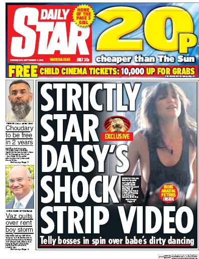 Daily Star (UK) Newspaper Front Page for 7 September 2016