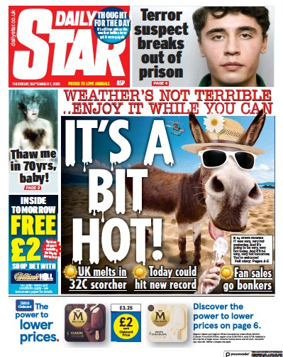 Daily Star (UK) Newspaper Front Page for 7 September 2023