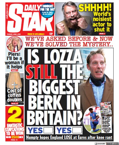 Daily Star (UK) Newspaper Front Page for 8 June 2021