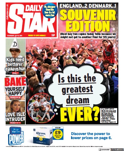 Daily Star (UK) Newspaper Front Page for 8 July 2021
