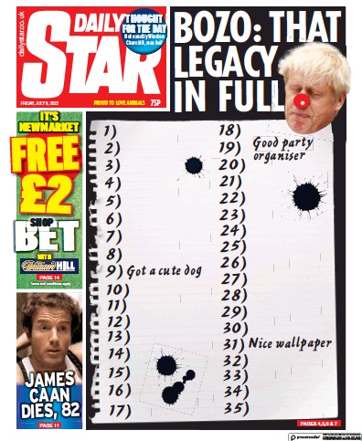 Daily Star (UK) Newspaper Front Page for 8 July 2022