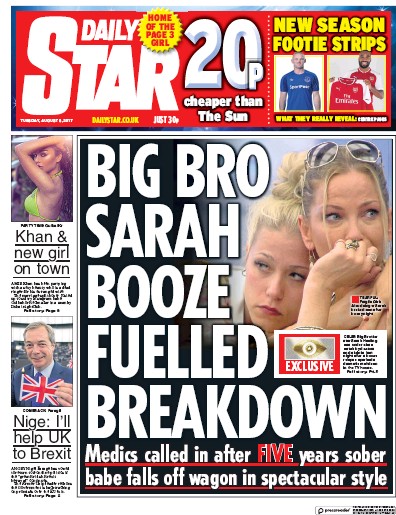 Daily Star Newspaper Front Page for 8 August 2017