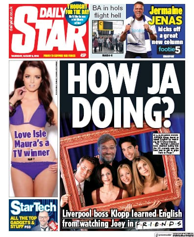 Daily Star (UK) Newspaper Front Page for 8 August 2019