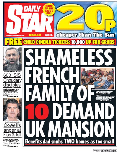 Daily Star Newspaper Front Page for 8 September 2016