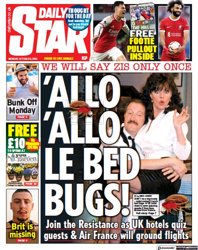 Daily Star (UK) Newspaper Front Page for 9 October 2023
