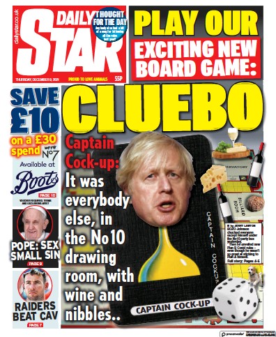 Daily Star (UK) Newspaper Front Page for 9 December 2021