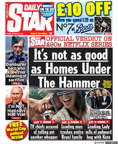 Daily Star (UK) Newspaper Front Page for 9 December 2022