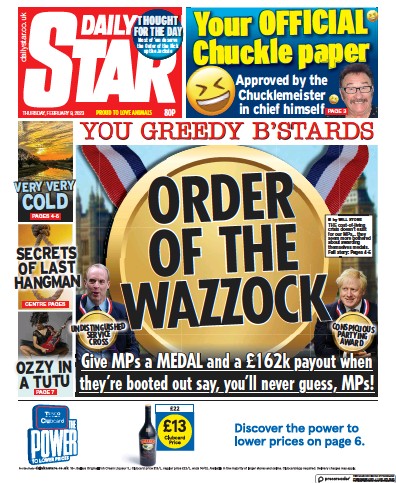 Daily Star (UK) Newspaper Front Page for 9 February 2023