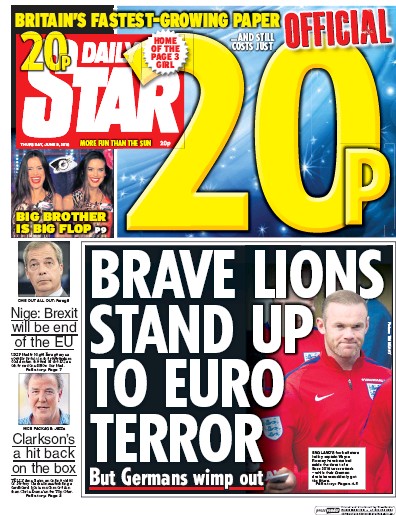 Daily Star (UK) Newspaper Front Page for 9 June 2016