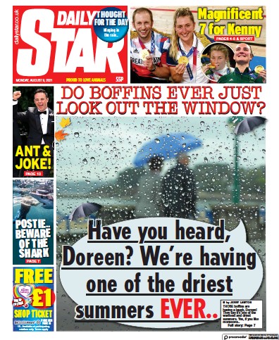 Daily Star (UK) Newspaper Front Page for 9 August 2021