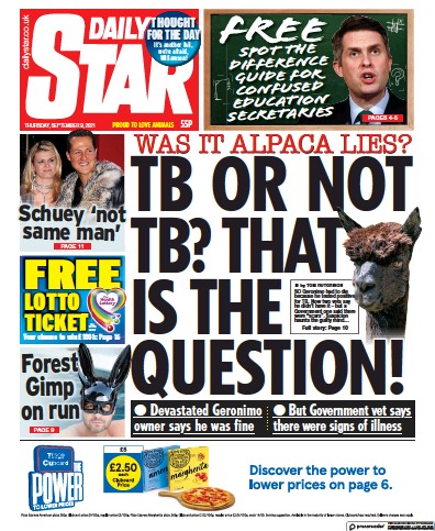 Daily Star (UK) Newspaper Front Page for 9 September 2021