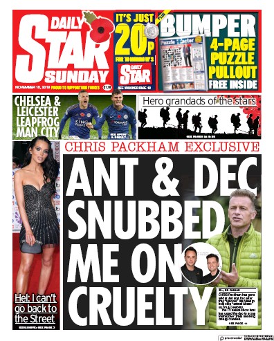 Daily Star Sunday (UK) Newspaper Front Page for 10 November 2019