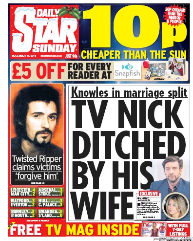 Daily Star Sunday Newspaper Front Page for 11 December 2016