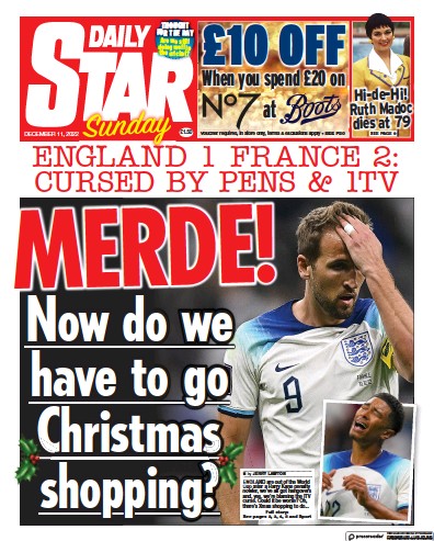 Daily Star Sunday (UK) Newspaper Front Page for 11 December 2022