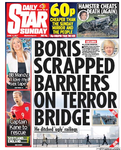 Daily Star Sunday Newspaper Front Page for 11 June 2017