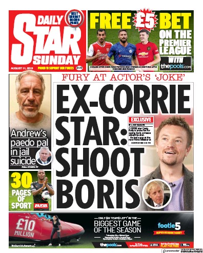 Daily Star Sunday Newspaper Front Page for 11 August 2019