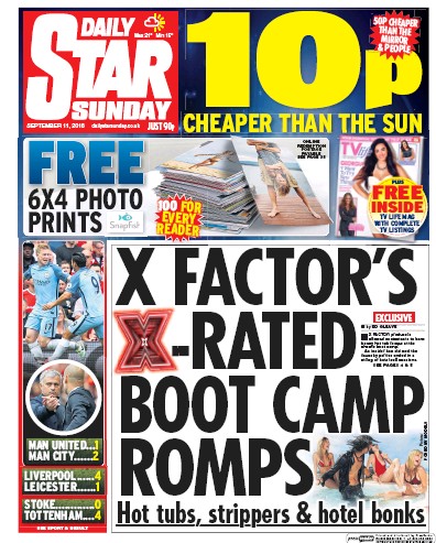 Daily Star Sunday (UK) Newspaper Front Page for 11 September 2016