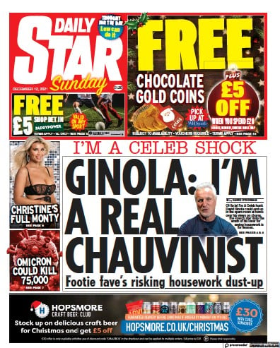 Daily Star Sunday (UK) Newspaper Front Page for 12 December 2021