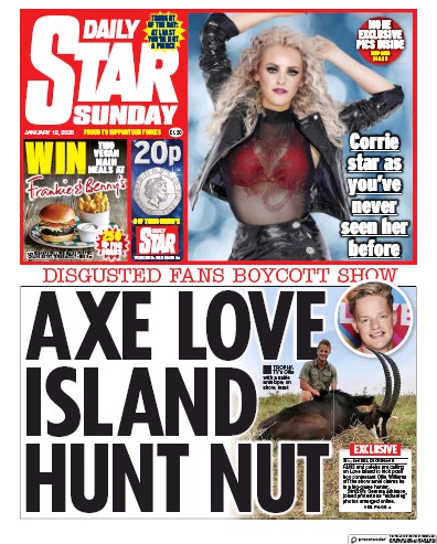 Daily Star Sunday (UK) Newspaper Front Page for 12 January 2020