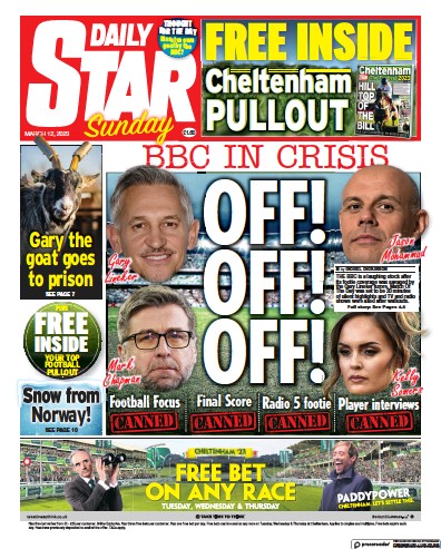 Daily Star Sunday (UK) Newspaper Front Page for 12 March 2023