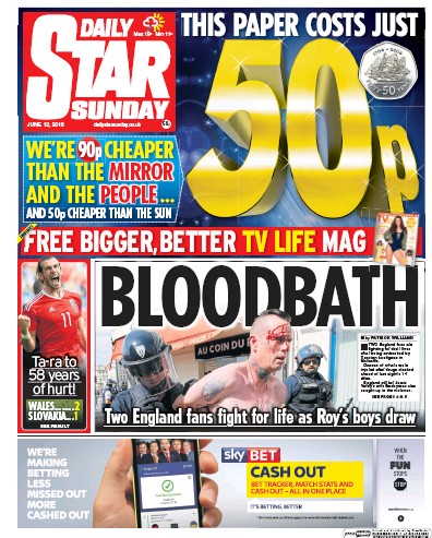 Daily Star Sunday Newspaper Front Page for 12 June 2016