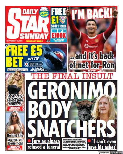 Daily Star Sunday (UK) Newspaper Front Page for 12 September 2021