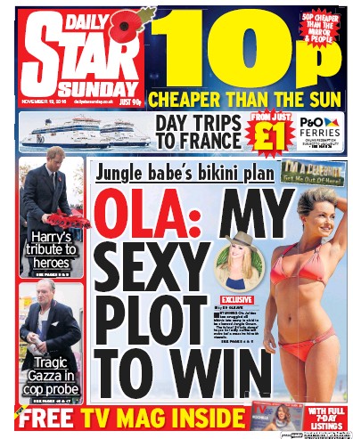 Daily Star Sunday Newspaper Front Page for 13 November 2016