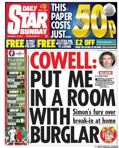Daily Star Sunday (UK) Newspaper Front Page for 13 December 2015