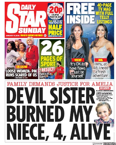 Daily Star Sunday (UK) Newspaper Front Page for 13 January 2019