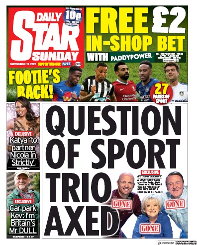 Daily Star Sunday Newspaper Front Page for 13 September 2020