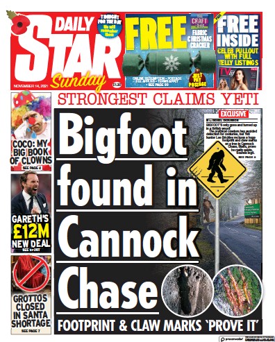 Daily Star Sunday (UK) Newspaper Front Page for 14 November 2021
