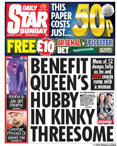 Daily Star Sunday Newspaper Front Page for 14 February 2016
