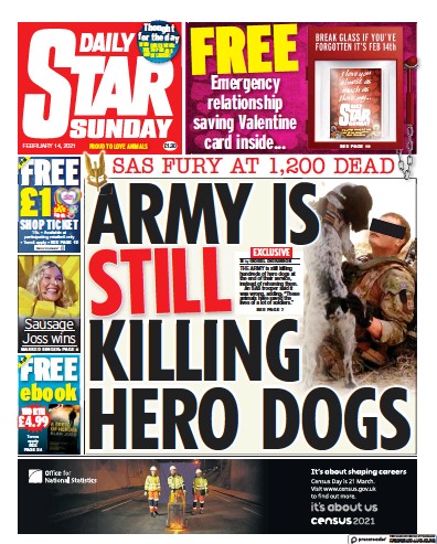 Daily Star Sunday (UK) Newspaper Front Page for 14 February 2021