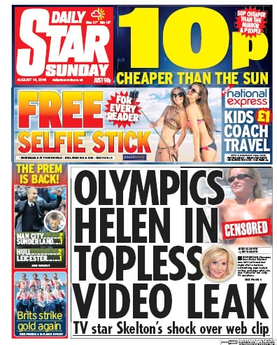 Daily Star Sunday Newspaper Front Page for 14 August 2016