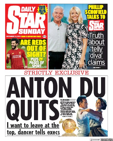 Daily Star Sunday (UK) Newspaper Front Page for 15 December 2019