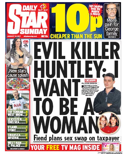 Daily Star Sunday Newspaper Front Page for 15 January 2017