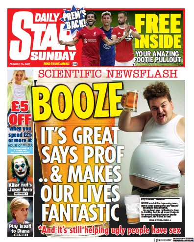 Daily Star Sunday (UK) Newspaper Front Page for 15 August 2021