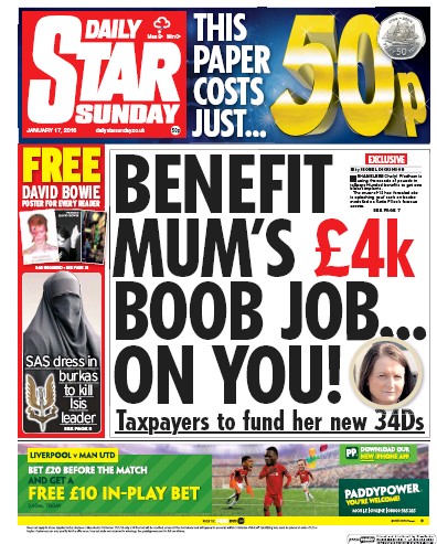 Daily Star Sunday Newspaper Front Page for 17 January 2016
