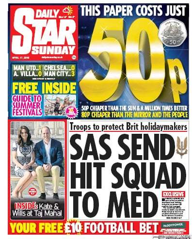 Daily Star Sunday Newspaper Front Page for 17 April 2016