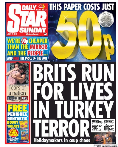 Daily Star Sunday (UK) Newspaper Front Page for 17 July 2016