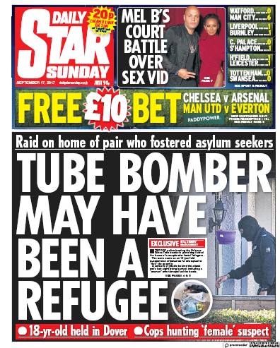 Daily Star Sunday Newspaper Front Page for 17 September 2017